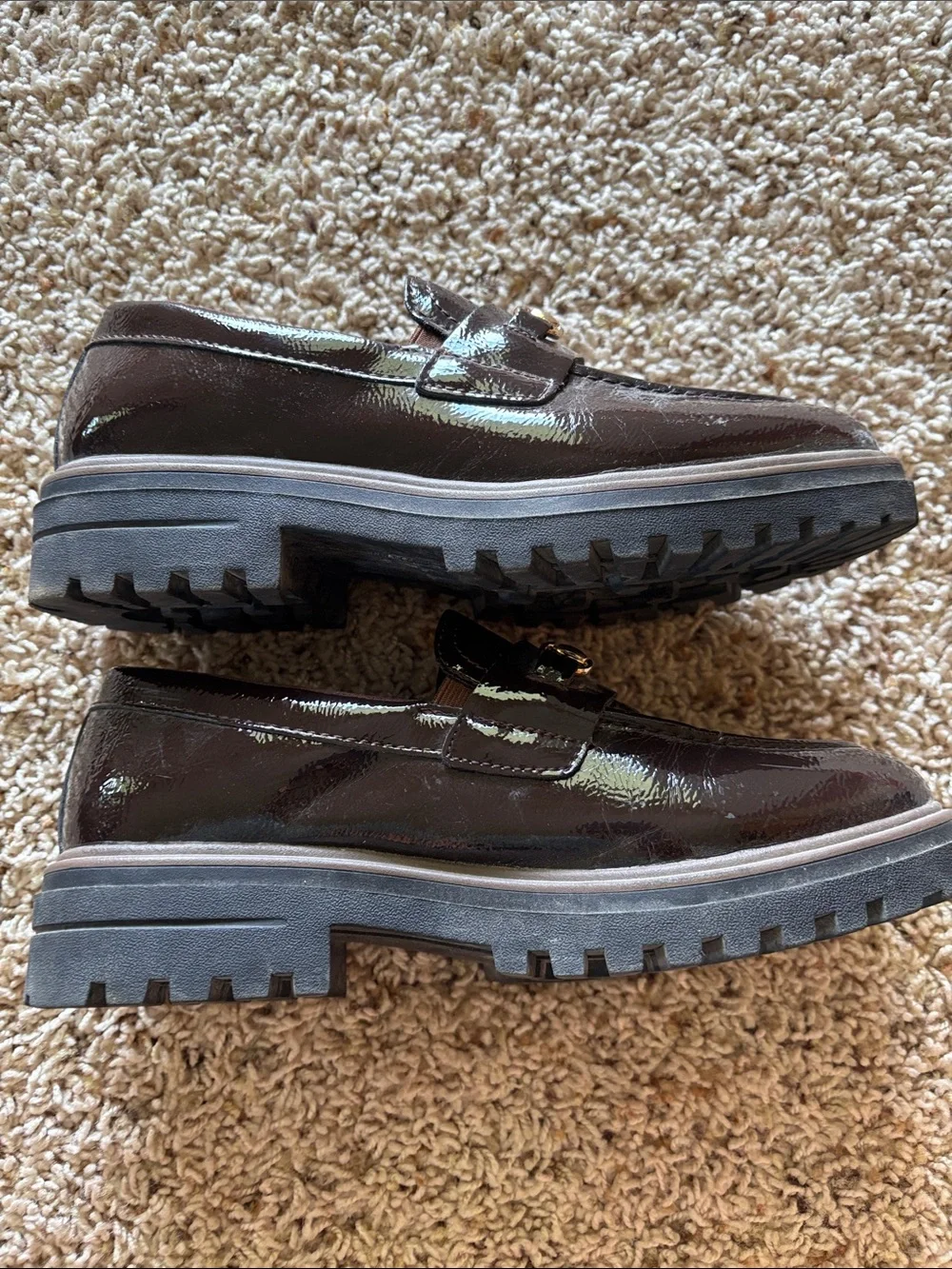 Women’s Patent Leather Loafer with Gold Bit - Brown